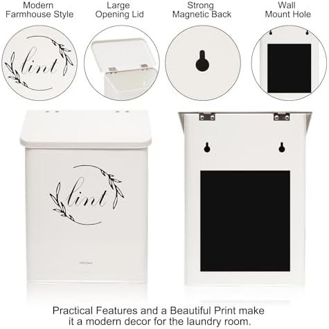 Magnetic Lint Bin for Laundry Room, Metal Lint Trash Can with Lid for Dryer, Wall Mounted Lint Holder Box with Lint Brush, Modern Farmhouse Laundry Room Decor, Cream - Image 3