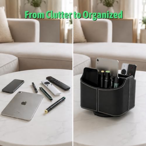Remote Control Holder, Spinning Desk Organizer, Nightstand Bedside Caddy for TV Remotes/Tablets/Phones/Eyeglasses/Books/Pens - Black - Image 4
