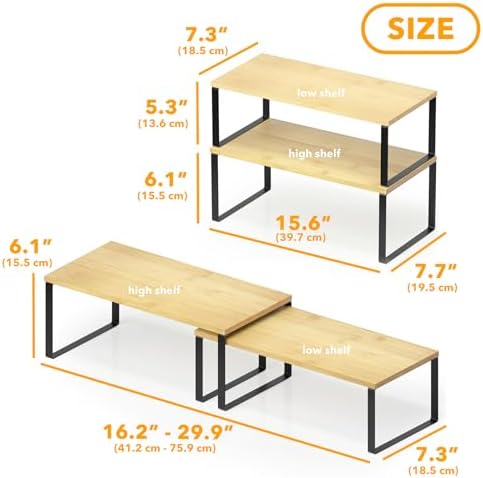 SpaceAid Cabinet Shelf Organizers 8 Pack, Kitchen Counter Rack Shelves Riser, Stackable Expandable Spice Rack, Pantry Cupboard Storage Organization (Black and Natural, Long) - Image 2