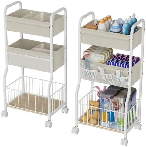 3-tier Baby Diaper Caddy Organizer and Storage Cart with 4+3 Dividers, Metal Utility Cart with Lockable Wheels for Nursery, Bedroom, Bathroom, White by NEYCIL