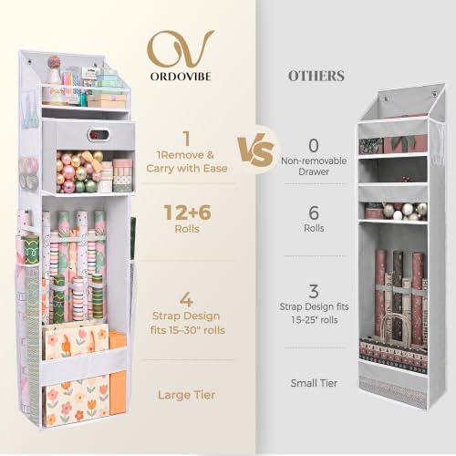 Ordovibe Wrapping Paper Storage Organizer, Over The Door Gift Wrap Holder with Removable Drawer & Side Mesh Pockets – Space Saving Closet Organizer for Christmas, Halloween, Birthday Rolls Supplies White - Image 3