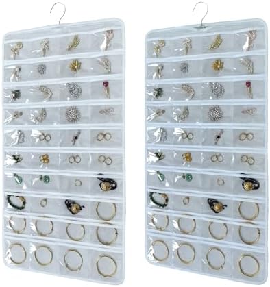 80 Pocket Hanging Jewelry Organizer with Hanger Metal Hooks Storage On Wall Door Closet Double-Sided(Each Side 40 Pockets) Jewelry Holder for Earrings, Necklaces, Rings (White+White) by Unknown