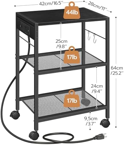 HOOBRO Industrial Printer Stand, 3-Tier Mobile Printer Table, Rolling Cart with Power Outlets and USB Ports, Home Printer Stand with 2 Hooks, for Office, Living Room, Black BB22UPS01 - Image 3