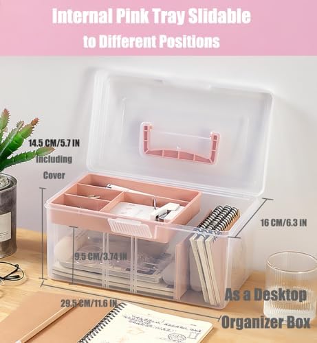 Clear Plastic Office Supply Art & Craft Storage Box, Sewing Box Organiser Large with a Removable Tray & Adjustable Partition, Portable Travel Makeup Case (Clear & pink) - Image 5