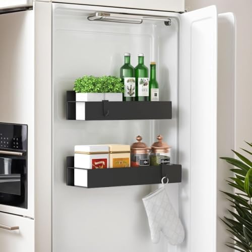 2 Pack Magnetic Spice Storage Rack Organizer for Refrigerator and Oven, Moveable Magnetic Spice Organizer, Black Metal Strong Magnetic Shelf for Fridge and Microwave Oven by Easyhouse