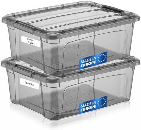 Tribello 12.5 Quart Storage Bins with Lids, Plastic Storage Containers with Latching Lids For Organizing - Tinted - (15.5’ x 12” x 6”) - Set of 2 - Made in EU by Tribello