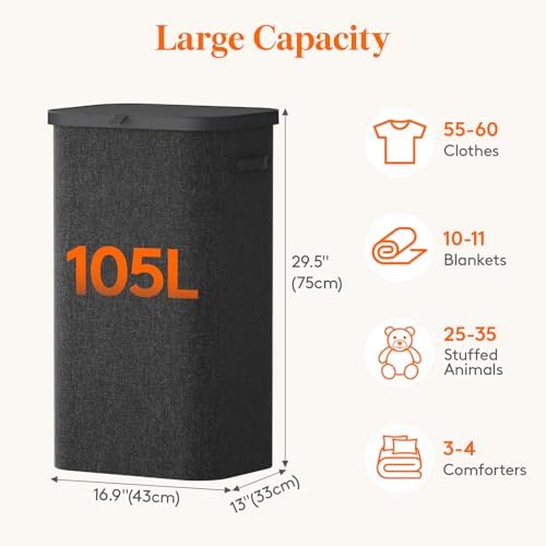 Lifewit 105L Large Laundry Hamper with Lid, Removable Inner Bag, Dark Gray - Image 3