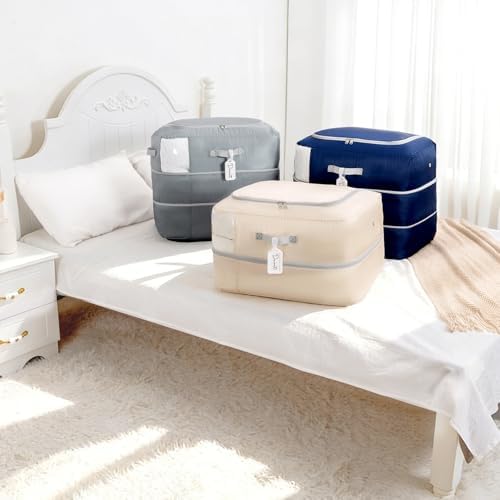 Comforter Storage Bag - 110L Large Capacity Blanket Storage Bags 2-Layer Ultra Space Saving Self Compression Organizer, Washable Compression Bags for Storage Comforter Blanket, 1-Pack, Beige - Image 7