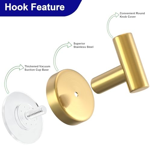 Suction Cup Hooks for Shower, Stainless Steel Shower Hooks for Hanging Towels, Robes, Bath Balls, Towel Hooks for Bathroom Wall, Glass Door, Kitchen, Mirror, Tile (2 Pack，Gold) - Image 5