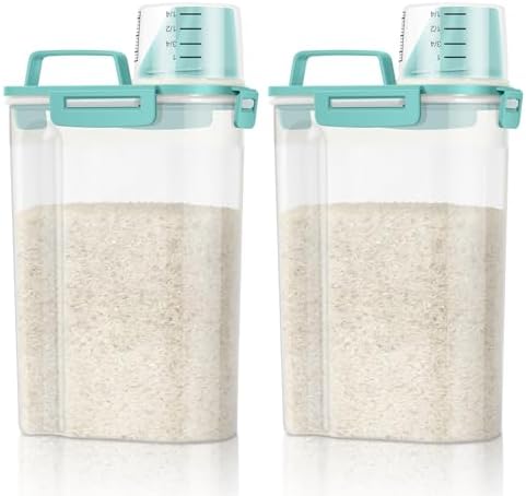 TBMax Rice Container Cereal Storage Container 2 Pack 5 Lbs, Kitchen Pantry Dry Food Storage Holder with Easy-Pouring Spout & Handy Cup, Small Pet Dog Cat Food Dispenser for Daily Feeding -Cyan by TBMax