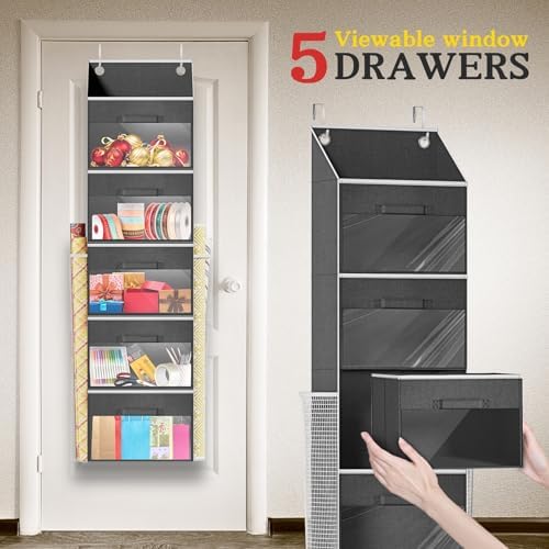 Over Door Wrapping Paper Organizer Storage with 5 Removable Drawers & 2 Large Side Pockets for Gift Wrap Rolls Wrap Storage for Ribbons, Bows, Ornaments and Tools - Image 5