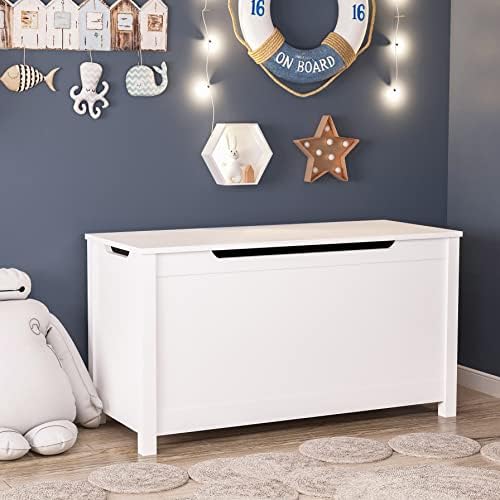Kids Toy Box Chest, Large Wooden Storage Trunk Bench with Safety Hinged Lid for Ages 3+ White - Image 2