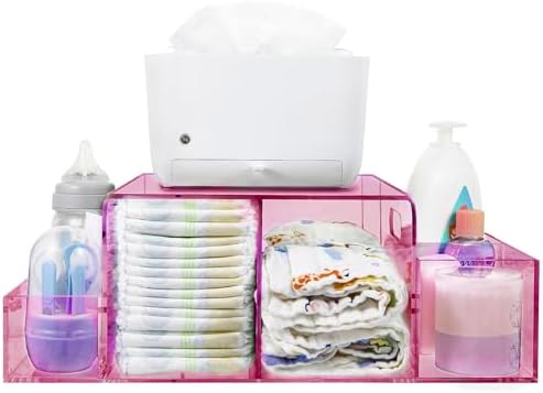 NANYEZH Acrylic Diaper Caddy, Baby Wipes Organizer for Changing Table, Dresser Top Tabletop Organizer with 4 Detachable Compartments, Anti-slip Rubber Feet, Newborn Baby Essentials, Red by NANYEZH