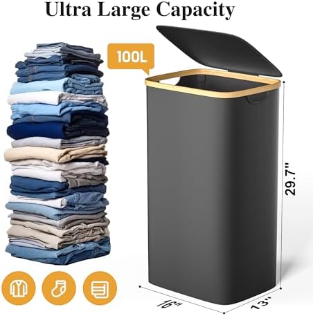 Foluck 100L Laundry Hamper with Lid Removable Bag and Bamboo Handles - Image 2