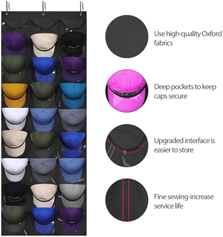Dofilachy Hat Rack - Hat Organizer - Hat Racks for Baseball Caps, Visible Hat Holder - Baseball Rack for Wall Door with 3 Hooks, 27 Deep Pockets - Image 2