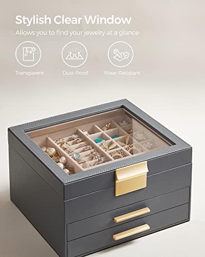 SONGMICS Jewelry Box Organizer, 3-Layer Storage with 2 Drawers, Glass Lid - Image 4