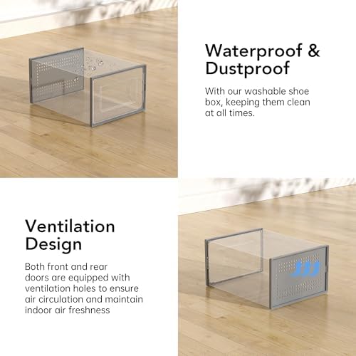 Foluck X-Large Shoe Storage Box, 15 Pack Clear Plastic Stackable Shoe Organizer for Closet, Interlocking Design Shoe Container Bins for Sneakers, Foldable Shoe Rack with Lids, Gray - Image 6