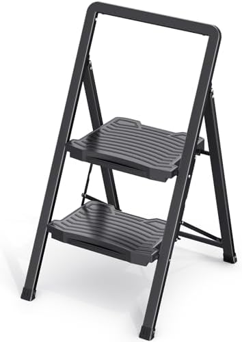 TOOLF 2 Step Ladder with Wide Pedals, Folding Steel Step Stool, Black by TOOLF