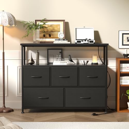 DUMOS TV Stand with 5 Fabric Drawers, Open Shelf & Charging Station - Image 2