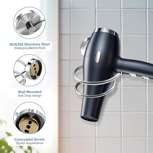 Bathroom Hair Dryer Holder Hair Care Tools Holder Wall Mount Chrome Finished Stainless Steel-Silver - Image 6