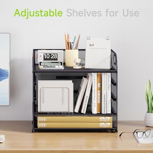 Cawukege 5 Tier Paper Organizer with Handle, Grey Metal Mesh Desk Organizer File Folder Paper Letter Tray Desktop Document Sorter for Classroom, School, Office Accessories Organization and Storage - Image 2