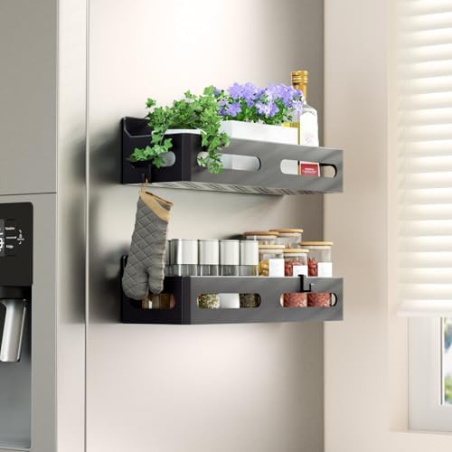Sevenblue 2-Pack Magnetic Spice Rack for Refrigerator with Hooks, Black by Sevenblue