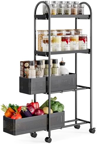 KINGRACK 4 Tier Slim Rolling Cart with Drawer, Metal Utility Storage Cart by KINGRACK