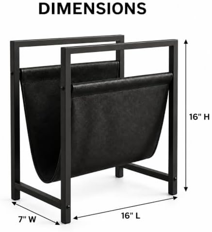 Modern Magazine Rack for Living Room and Office | Freestanding Metal and Leather Magazine Holder | Contemporary Storage Organizer for Books, Newspapers | Minimalist Home and Lounge Decor (Black) - Image 3