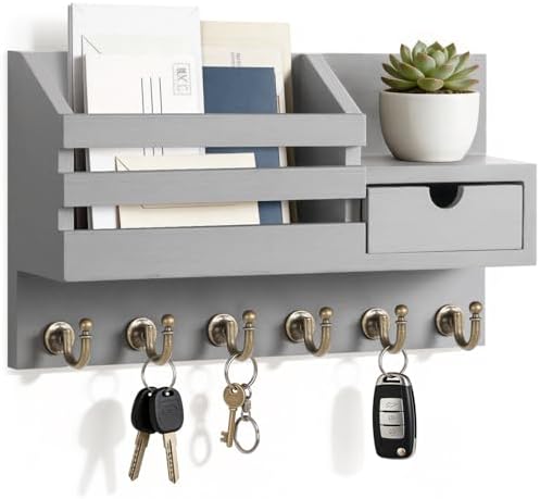FifthQuarter Key Holder for Wall with Drawer and 6 Sturdy Hooks, A-Grey by FifthQuarter