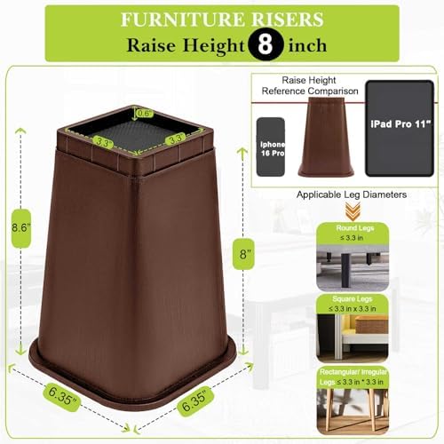 4 Pack Furniture Risers 8 Inch, Bed Risers Heavy Duty for Table Desk Couch Chair Sofa Cabinet Bed Frame Dorm, Square Table Leg Risers Lift Height 8", Chocolat Brown - Image 2