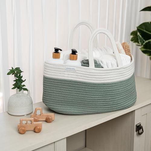 Comfy Cubs Rope Diaper Caddy Organizer - Large Baby Diaper Basket Sage - Image 4