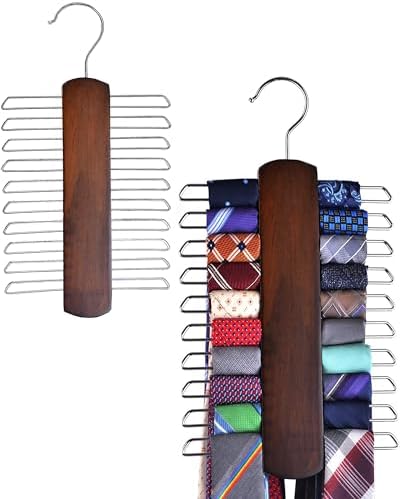 Umo Lorenzo 2 Pack Premium Wooden Necktie and Belt Hanger, Walnut Wood Center Organizer and Storage Rack with a Non-Slip Finish - 20 Hooks by UMOLORENZO
