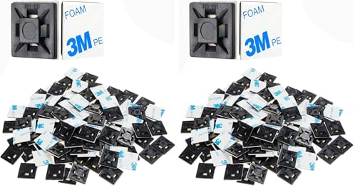 XHF 200 PCS 1/2" Black Self Adhesive Cable Zip Tie Mounts Wire Cable Clips Holders Management Anchors Organizer Holders Squares(HS-100) (Pack of 2) by XHF