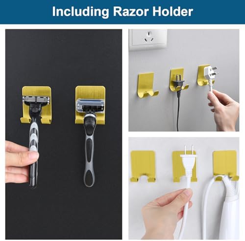 Diesisa Razor Holder for Shower + Adhesive Wall Hooks, Premium 304 Stainless Steel Shower Razor Holder with Heavy Duty Waterproof Sticky Hooks for Hanging Towels, Coat, hat (2+2 Pack)-Gold - Image 2