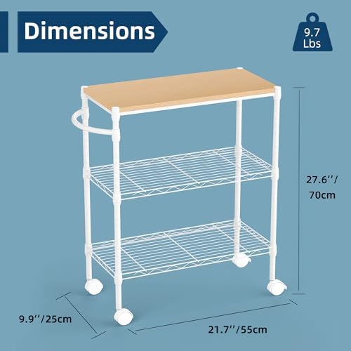 Whitmor 3 Tier Rolling Kitchen Cart,27.6"x10"x21.7”Heavy Duty Metal Storage Cart with Wheels, Adjustable Shelves, Lockable Utility Cart with Wood Top & Portable Handle for Indoor & Outdoor Use, White - Image 2