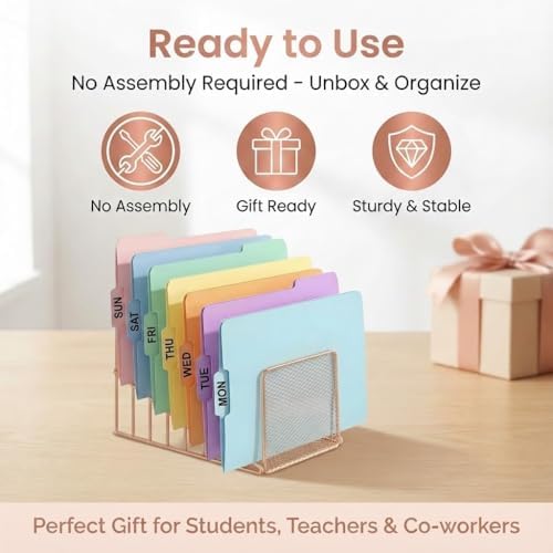 2 Pcs Incline File Sorter, 7 Slot Magazine Holder for Letter, Document, Folder and Book, Metal Desktop Organizer Rack for Home, School and Office (2-rose gold) - Image 2