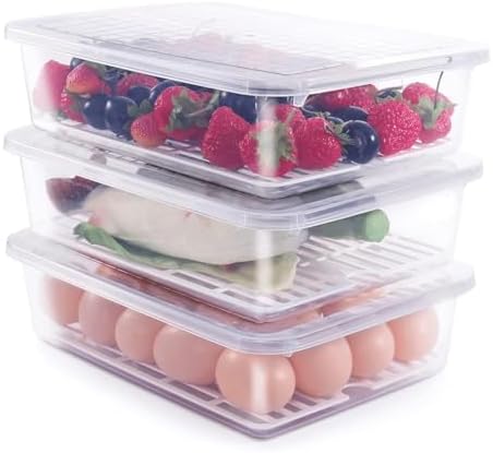 77L Fruit Storage Containers for Fridge, Rectangle Plastic Food Storage Containers with Lids, 3-Pack Deli Meat Container with Removable Drain Plate, Stackable Produce Keeper in Seafood & Berries by 77L