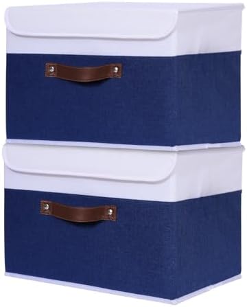 ANMINY Fabric Storage Box Bins with Lids, Blue White, 13"x9"x7.9", 2 Pack by ANMINY
