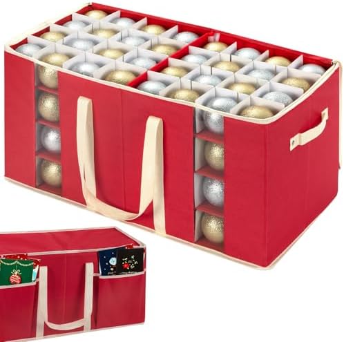 Christmas Visible Ornament Storage Box with Adjustable Dividers/Side Pockets,Ornaments Organizer with Zipper, Storage Container Bin for Christmas Decorations(128 Ball, Red, without Tray) by RIDGEPOLE