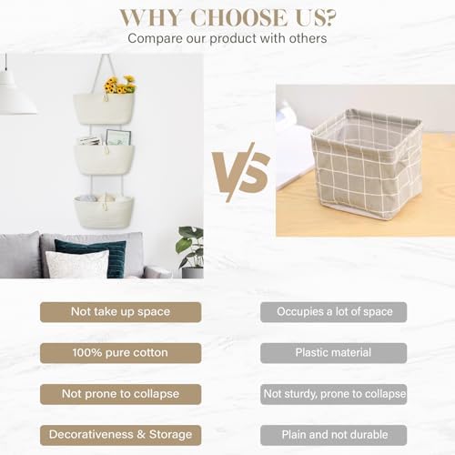 TeoKJ Over the Door Hanging Baskets with Wooden Button, 3-Tier Wall-Mounted Decorative Nursery Kitchen Baskets, White - Image 4