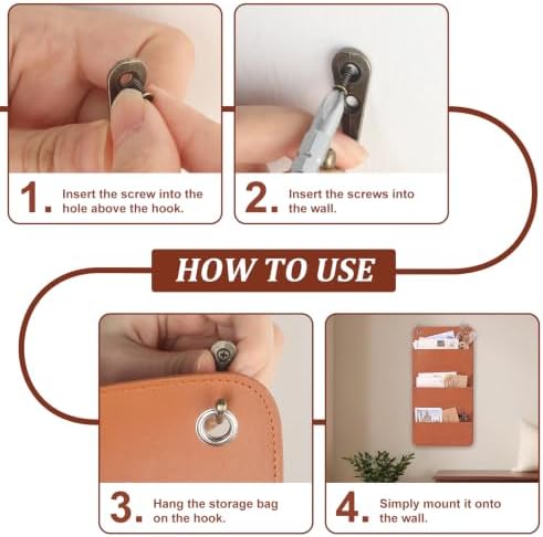3-Pocket PU Leather Mail Holder Wall Mount Brown Wall File Hanging Organizer 9.65×4.72×1.38 Inch Wall Letter Holder Wall Mail Organizer with 2 Hook for Decor Storage Letter Key Office Home - Image 6