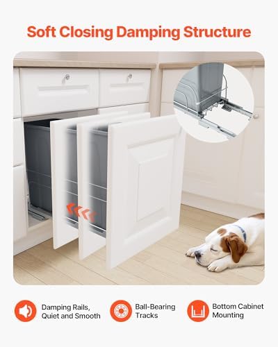 VEVOR Pullout Trash Can for Kitchen Cabinets, 35 QT Garbage Waste Recycling Bin, Under Mount Waste Container, with Heavy Duty Metal Soft Close Sliding System and Door Kit, for Sink, Under Counter - Image 6