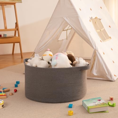 OIAHOMY 90L Extra Large Blanket Basket - Decorative Cotton Rope Storage Basket for Bedroom, Living Room & Nursery - Woven Laundry Hamper for Organizing Blankets, Clothes & Toys - Grey - Image 6