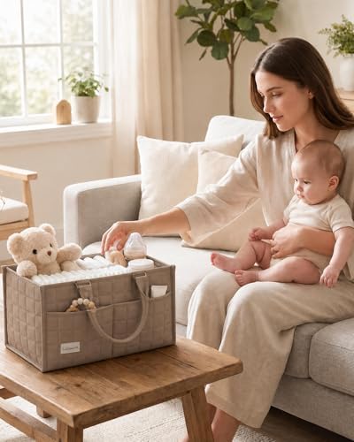 Baby Diaper Caddy Organizer, Portable Nursery Storage Basket with Handle - Image 5