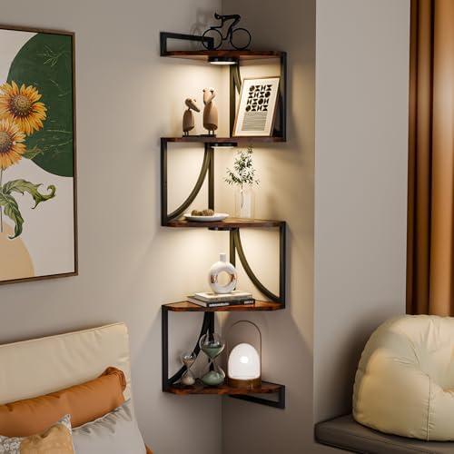 HAAYOT Corner Shelf Wall Mounted with Lights, 5-Tier Floating Metal Shelves for Living Room, Bedroom, Rustic Brown by HAAYOTSunglasses