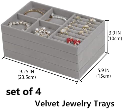 Set of 4 Stackable Jewelry Trays Organizer, Velvet Earring Organizer, Jewelry Organizer Showcase Display Drawer Organizer Storage, Earring Holder Necklace Bracelet Ring Accessary Organizers (Gray) - Image 2