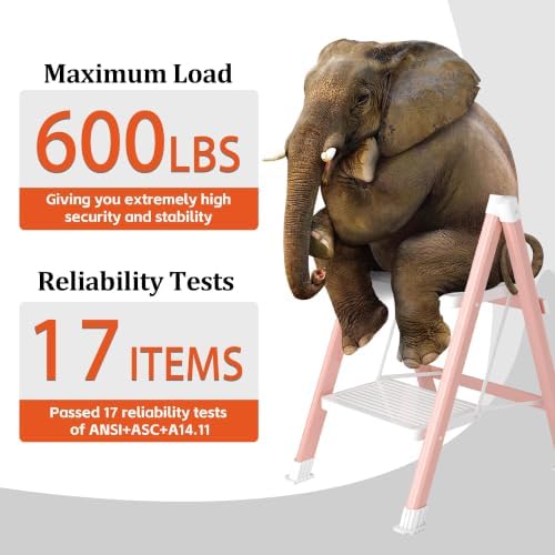 2 Step Ladder, Folding Step Stool with Anti-Slip Wide Pedal, Anti-Slip Feet, Sturdiest Steel Construction, 330lbs Capacity Steel Ladder for Home and Office, Pink White - Image 4