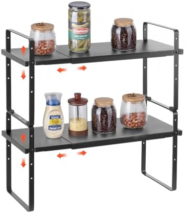 VEVOR Adjustable Kitchen Cabinet Shelf Organizer, Expandable 2 Tier Cabinet Shelf, Stackable Countertop Organizers and Storage Risers, Pantry for Kitchen Bathroom Office, Black by VEVOR