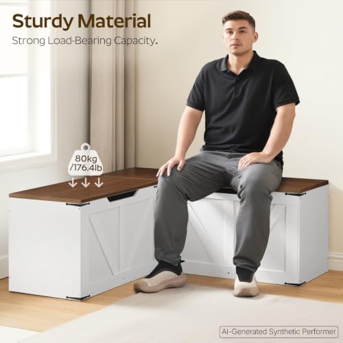 YATINEY L-Shaped Storage Bench, Storage Toy Chest with Hidden Compartments, Breakfast Nook Bench for Corner Spaces, Kitchen, Dining Room, Cloakroom, Walnut and White CW01WH - Image 5