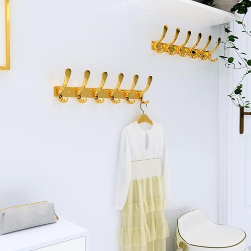 SKOLOO Heavy Duty Wall Mounted Coat Rack - 6 Hooks, Stainless Steel, Sturdy Coat Hooks for Hanging Coats, Jacket, Clothes, Hat, Bright Gold - Image 4